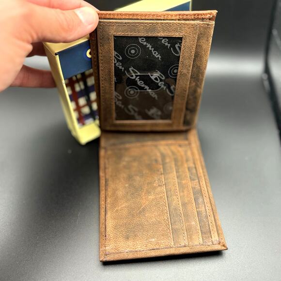 Ben Sherman Embossed Mens Brown Genuine Leather Bifold Wallet NIB - Picture 10 of 14